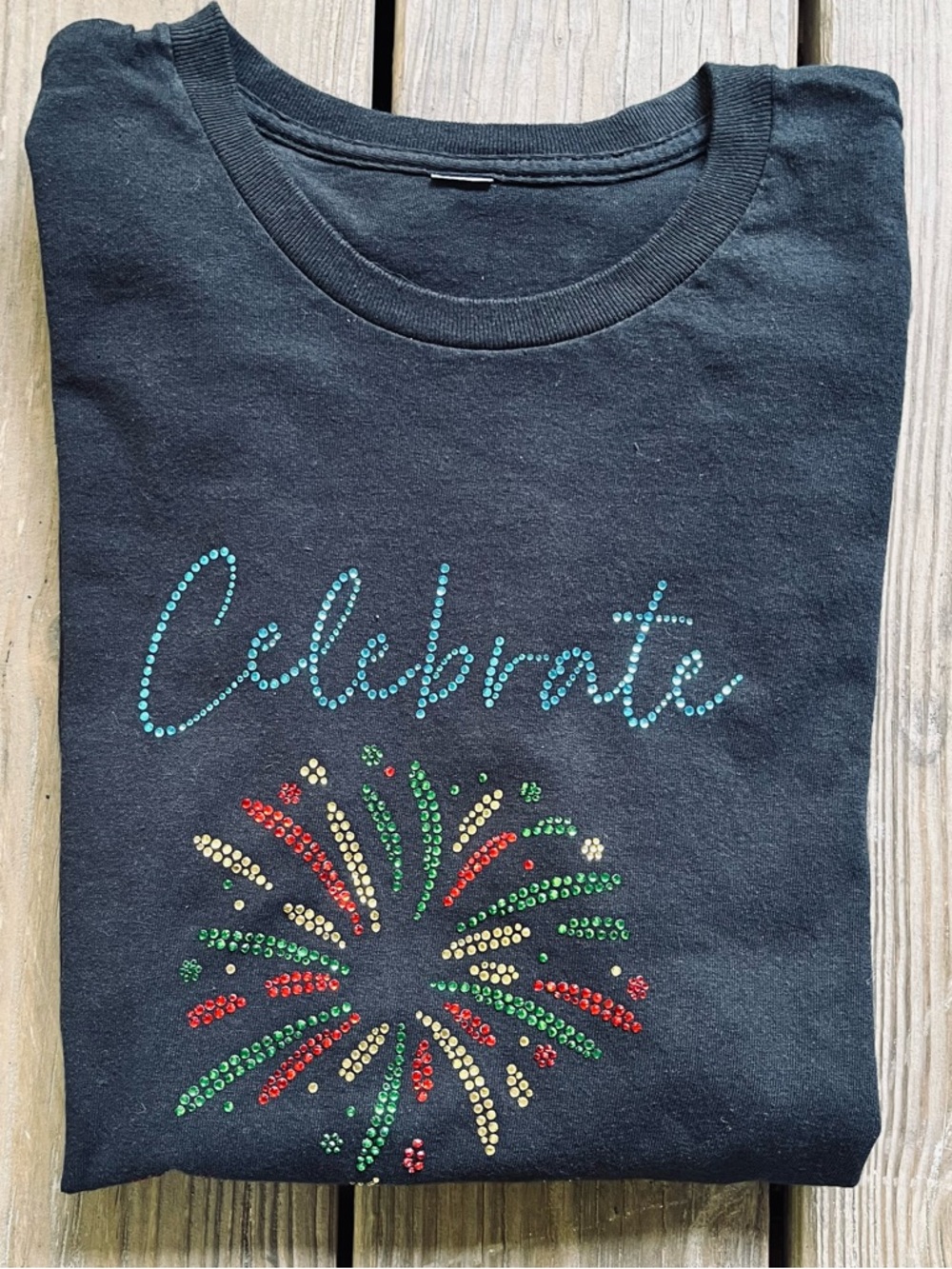 Ladies Large t-shirt “Celebrate Juneteenth" design in colorful rhinestones. NWOT